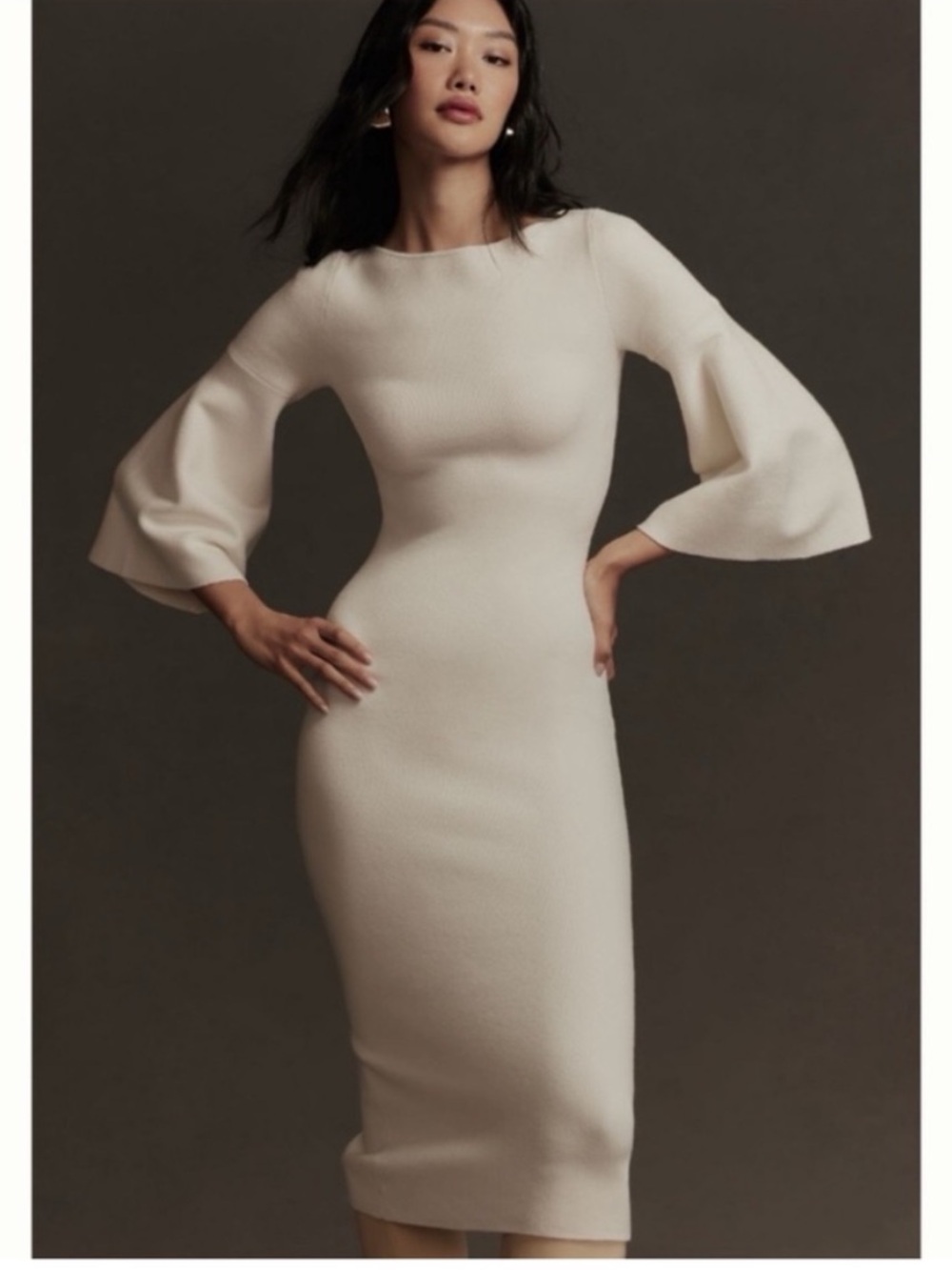 NWT Anthropologie Fluted-Sleeve Elegant Soft Knit Sweater Midi Dress in Ivory, S - Picture 3 of 16